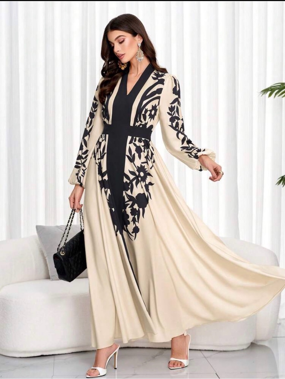 Elegant Cream Maxi Dress with Black Floral Detail